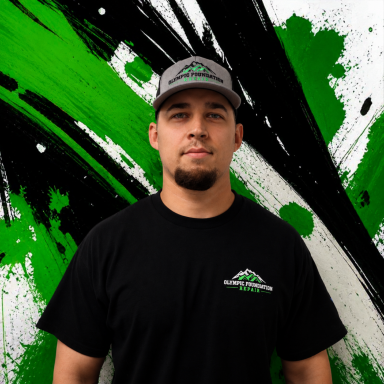 Portrait of a man wearing a gray cap and black shirt with the Olympic Foundation Repair logo standing against a green and black abstract background
