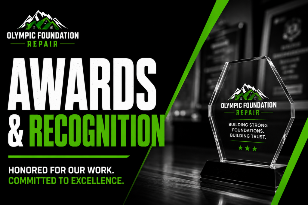 Hero banner for Olympic Foundation Repair: 'Awards & Recognition' with a crystal trophy on the right and green accents; slogan below it.