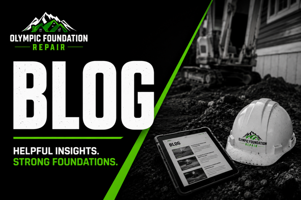 Olympic Foundation Repair blog banner with bold BLOG text, green accent stripe, and a construction site scene including helmet and tablet displaying the blog page.