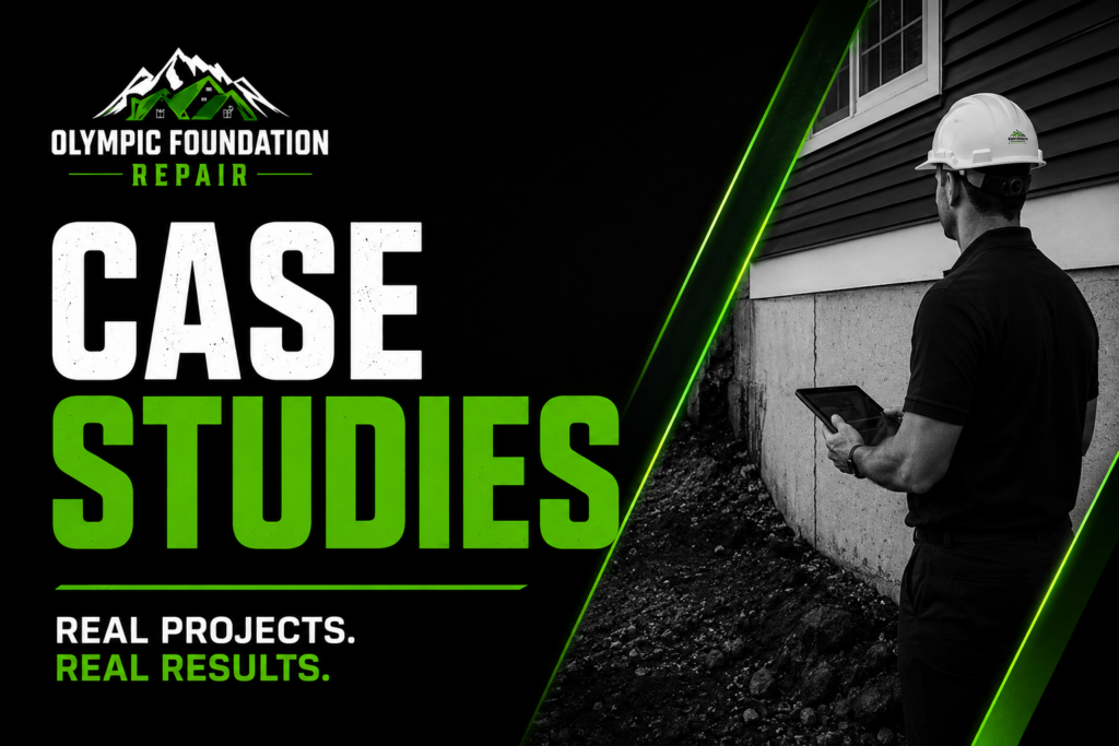 Promotional banner for Olympic Foundation Repair featuring a contractor with a tablet beside a foundation wall and large 'CASE STUDIES' text in white and green.