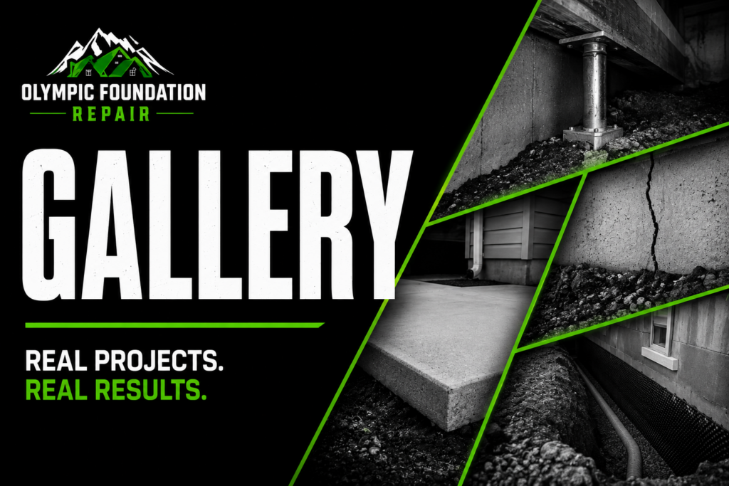 Hero banner for Olympic Foundation Repair Gallery with bold GALLERY text, logo, and green accent lines over a black background; construction-site photos on the right.