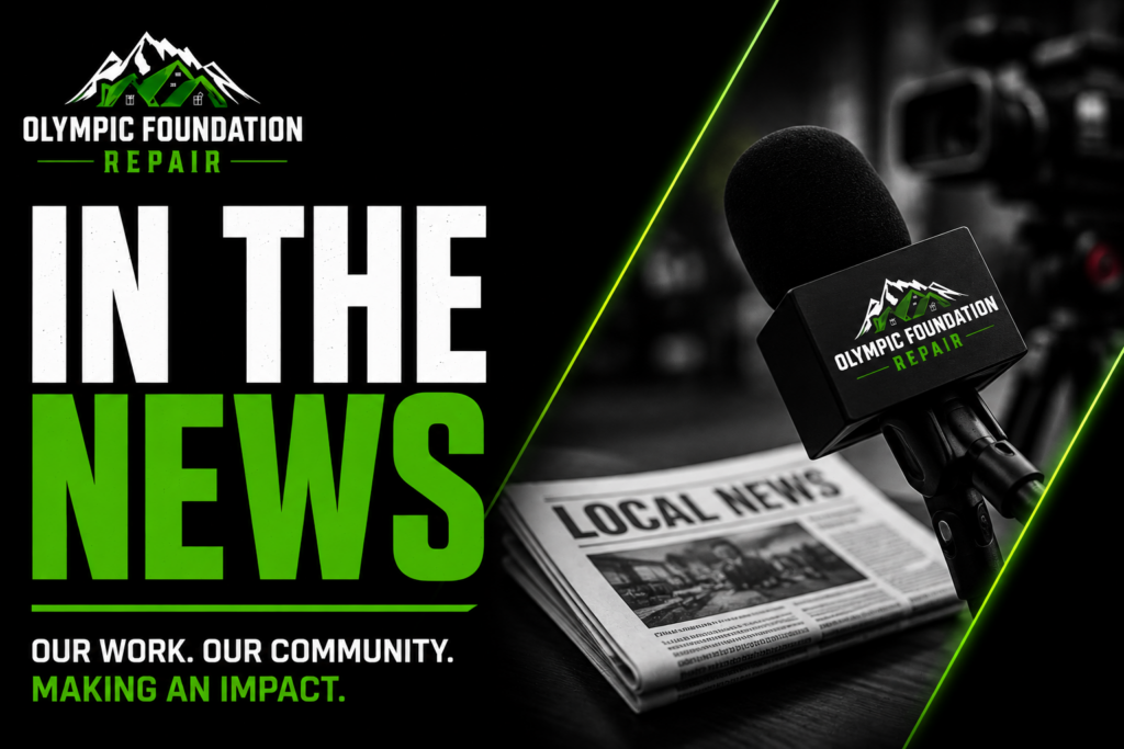 Brand banner for Olympic Foundation Repair featuring a microphone with the company logo beside a folded newspaper and bold 'IN THE NEWS' in white and green on a dark background.