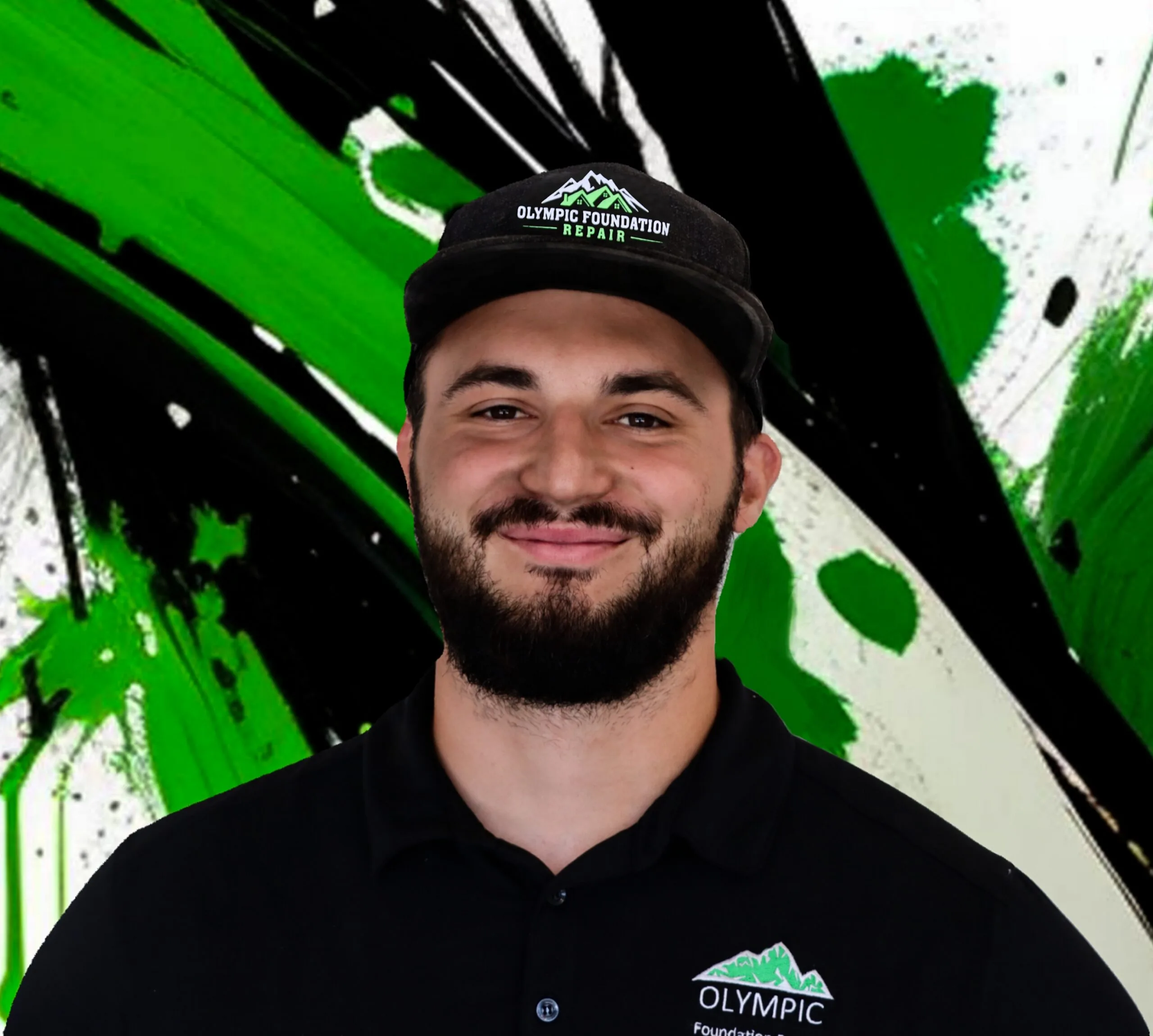 Close-up of a man wearing a black polo and a black cap that says Olympic Foundation Repair, with a green and black abstract background.